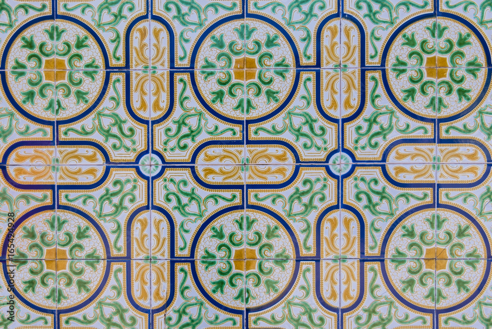     Azulejos, Portugal, detail, orange, green and blue color 
