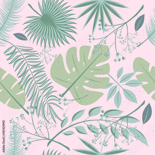 Exotic leaves, rainforest. Seamless realistic tropic leaf pattern. Palm leaf, banana leaf, hibiscus, plumeria flowers. Jungle trees.Botanical floral illustration. Set of trendy illustrations.