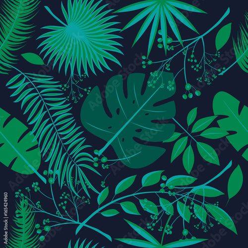 Exotic leaves, rainforest. Seamless realistic tropic leaf pattern. Palm leaf, banana leaf, hibiscus, plumeria flowers. Jungle trees.Botanical floral illustration. Set of trendy illustrations.