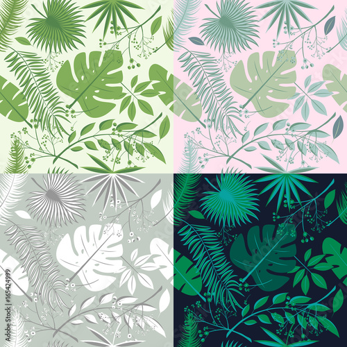 Tropical seamless patterns collection. Set of hawaiian plants, palm leaves. Good for wallpaper, invitation cards, textile print. illustration. Botanical floral, trendy illustrations.