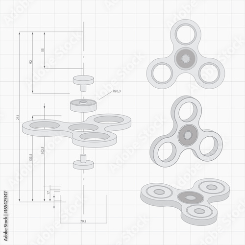 Hand spinner different forms hand drawn set. Fidget toy. Sketch style. Spinner in outline and fully rendered in a technical style. Spinner on engineer or architect background. illustration. photo