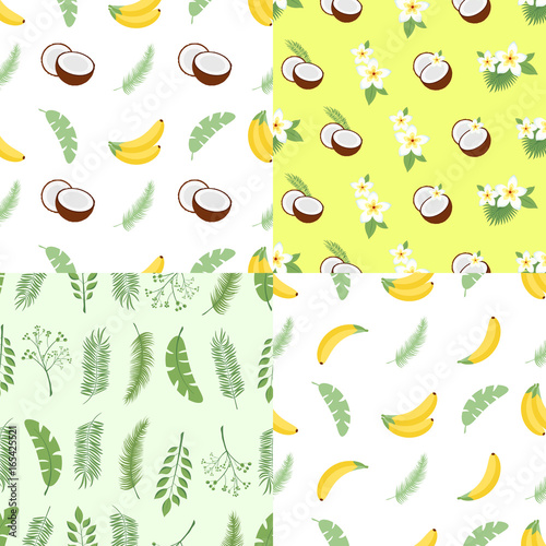 Set of seamless summer patterns. Backgrounds with leaves of a palm tree, fruits, flowers and coconuts. illustration. Easy to use for backdrop, textile, wrapping paper, wall posters.