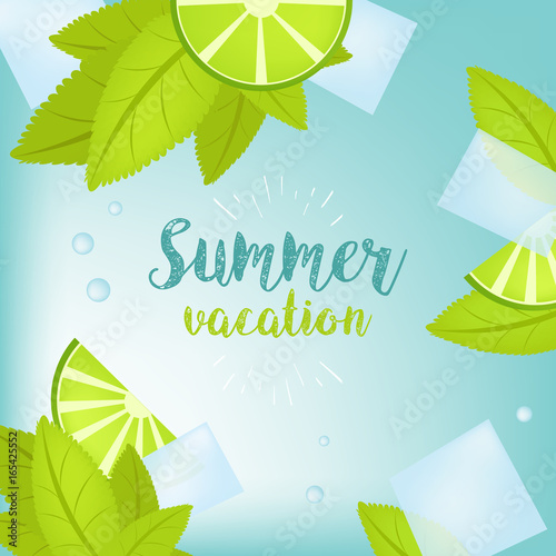  Summer Time Holiday typographic illustration. Tropical plants, palm tree, fruits, flowers. Lime and ice cubes. Mojito. Eps 10 design.