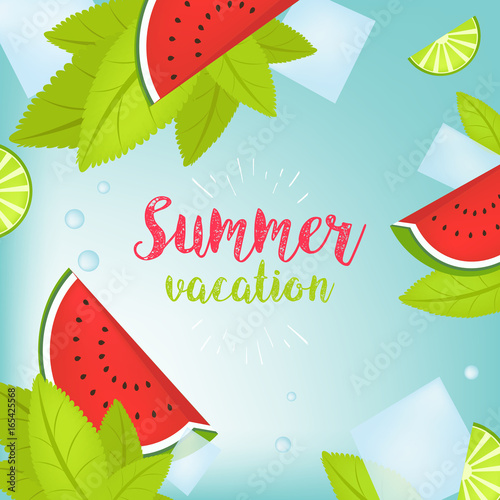  Summer Time Holiday typographic illustration. Tropical plants, palm tree, fruits, flowers. Watermelon and ice cubes. Mojito. Eps 10 design.