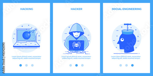 Internet security icons - hacking, hacker, social engineering. Outline blue banners, screens for mobile apps and web sites. Vector illustration.