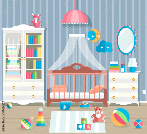 Baby room with furniture. Stylish cute colors. Flat style vector © dinkoobraz