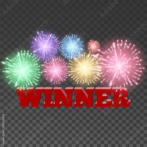 The winner 3d banner with fireworks. Vector illustration for winners on a transparent background.