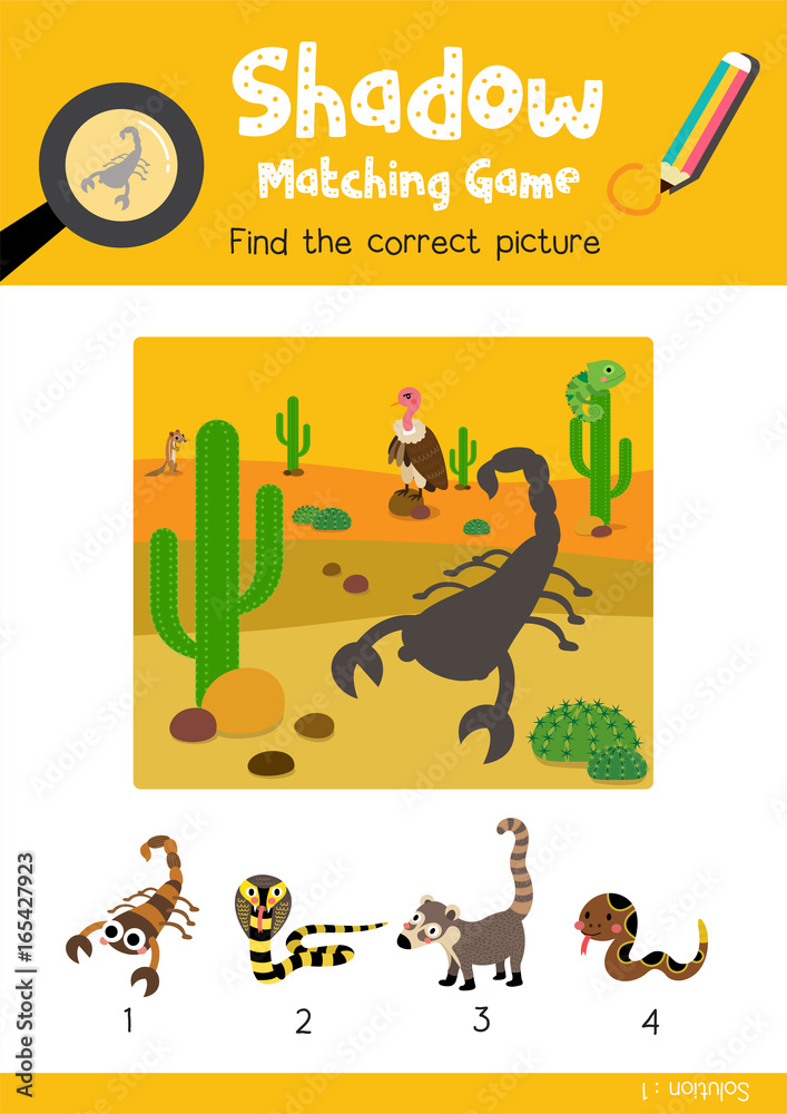 Shadow matching game by finding the correct picture of Scorpion animals for preschool kids activity worksheet colorful printable version layout in A4 vector illustration.