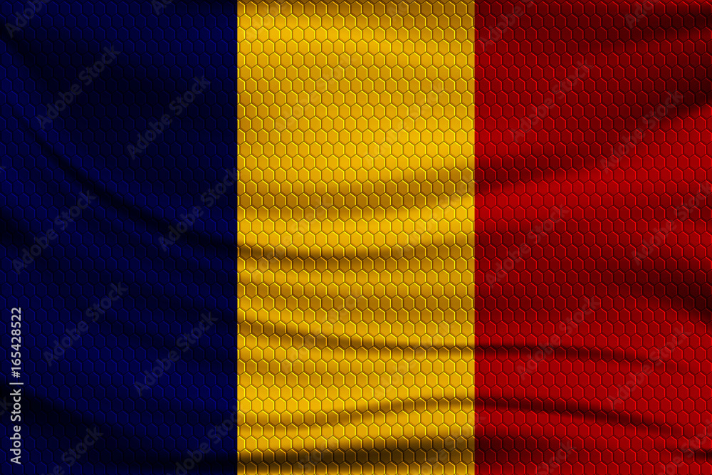 Obraz premium National flag of Romania on wavy fabric with a volumetric pattern of hexagons. Vector illustration.