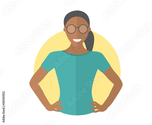 Confident black pretty girl in glasses. Flat design icon. Resolute woman with arms akimbo. Simply editable isolated vector illustration