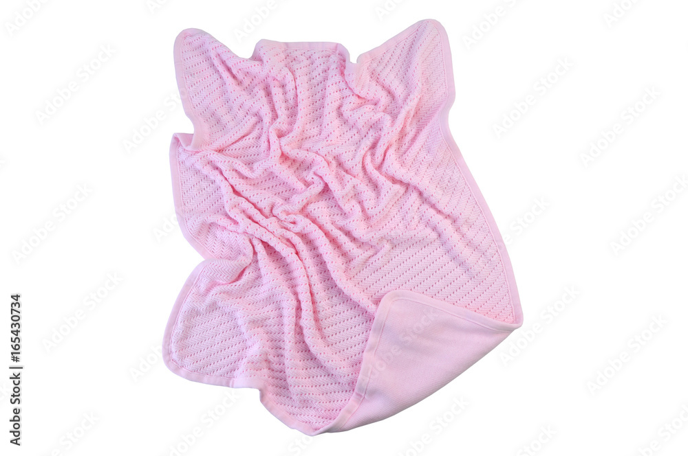 Pink Knitted plaid. Baby knitted blanket isolated on white background