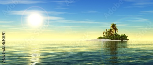 Beautiful island at sunset, seascape with palm trees, 3d rendering 