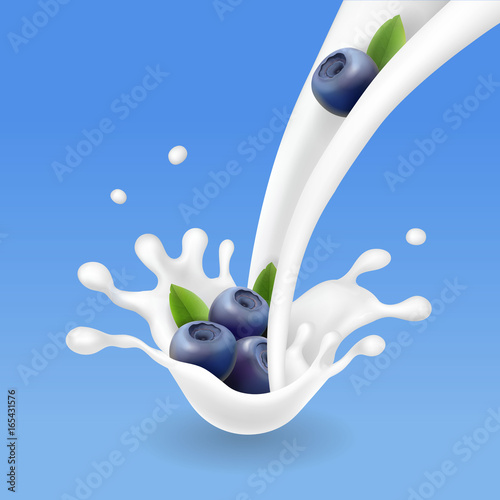 Blueberry and milk coctail splash, realistic vector illustration Natural dairy products