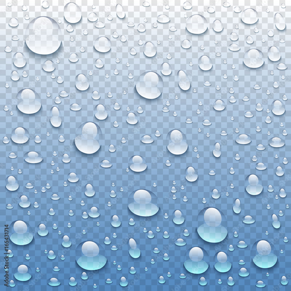 Vector realistic water drops on transparent background. Rain drops without shadows for transparent surface. Many forms and sizes.