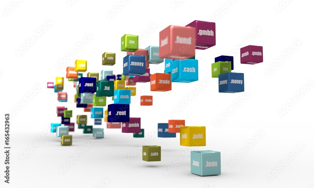 Obraz premium Domain names words on vibrant multicolored plastic reflective cubes. Relative to business and finance theme. Internet and web telecommunication concept. 3D rendering