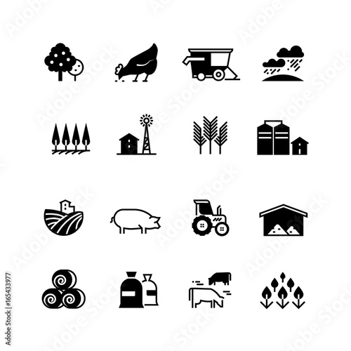 Organic farm and agriculture vector silhouette icons isolated