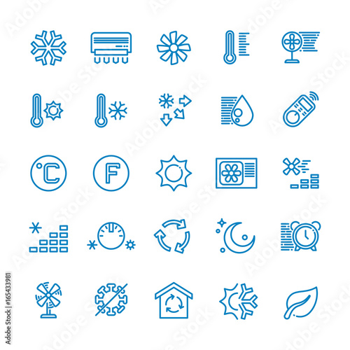 Air conditioning vector line icons. Temperature, humidity, drying, cooling and heating pictograms