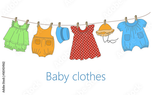 Baby clothes hang on the clothesline. Things are dried on clothespins after washing. Vector flat illustration.