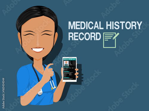 Medical staff show medical history record on blue background
