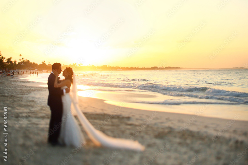 Stunning wedding couple stands on the beach in the rays of golden sun