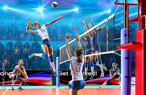 Female professional volleyball players in action on grand court