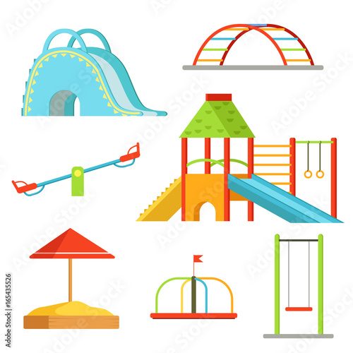Different equipment on playground for children games. Vector background