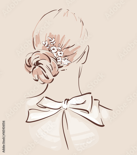 Beautiful hair accesories for wedding. Bride with her hair done and decorated. View from the back. Bridal fashion. Vector illustration eps 10