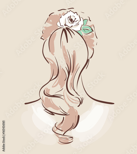 Beautiful hair accesories for wedding. Bride with her hair done and decorated. View from the back. Bridal fashion. Vector illustration eps 10