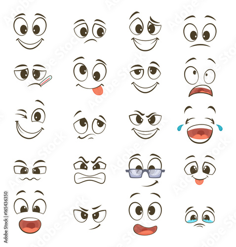Cartoon happy faces with different expressions. Vector illustrations