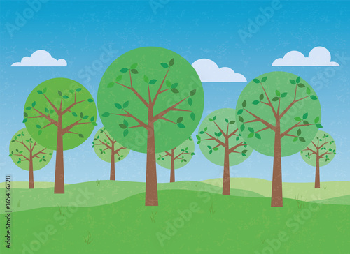 Summer forest retro vector illustration with grunge texture overlay