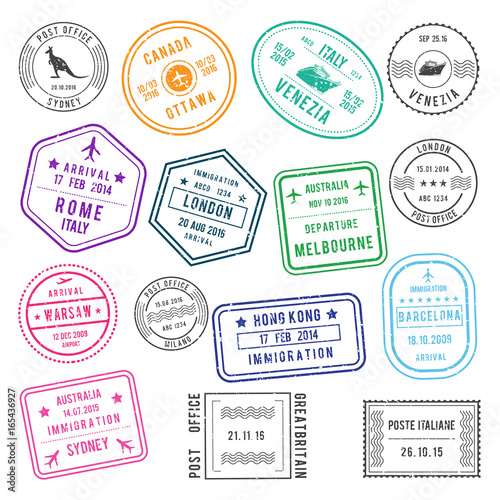 Postal and visa different stamps with airport and city names, also with traveling pictures. Vector illustrations set