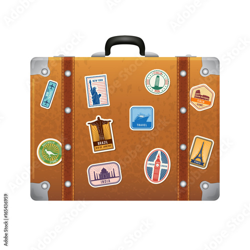Travel stickers on retro leather suitcase. Vector labels set