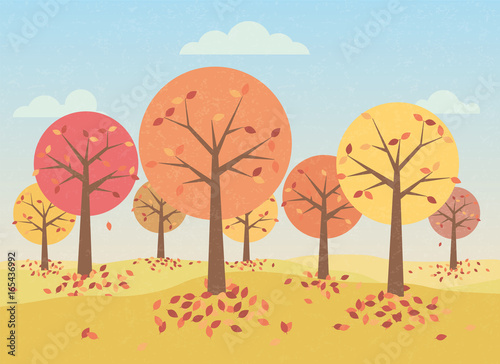 Autumnal forest retro vector illustration with grunge texture overlay