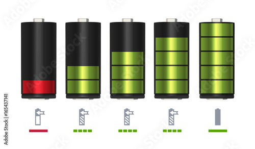 Process of recharging battery. Minimum and full charge. Vector illustration