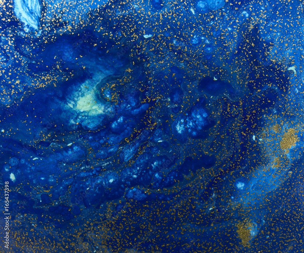 Obraz premium Marbled blue and golden abstract background. Liquid marble pattern