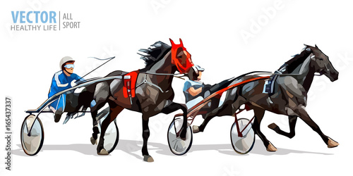 Jockey and horse. Two racing horses competing with each other. Race in harness with a sulky or racing bike. Vector illustration. photo