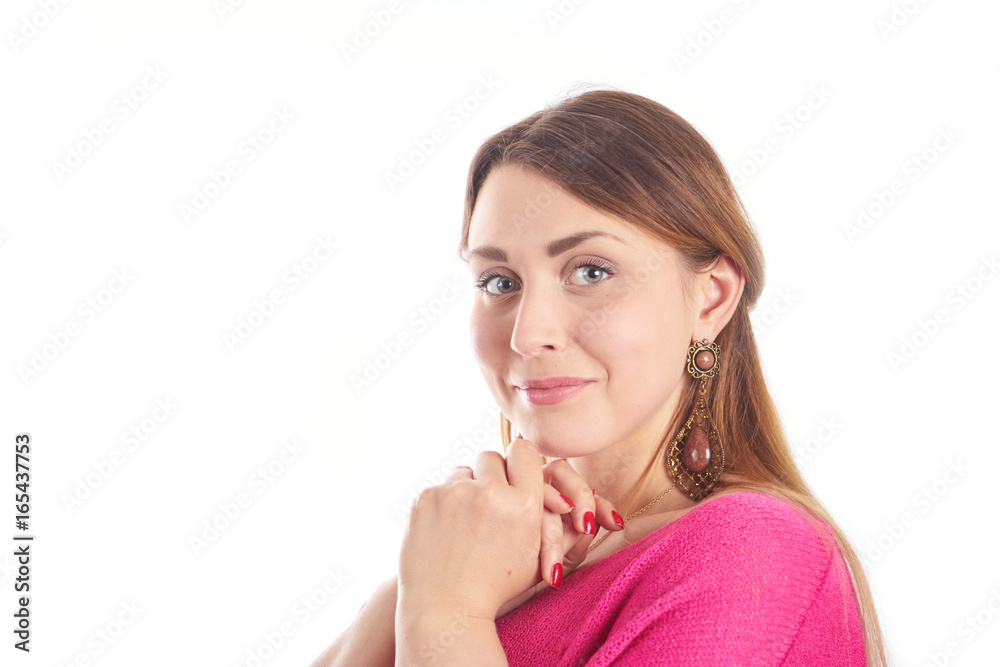 Pretty woman in pink blouse isolated on white Pretty woman in pink blouse isolated on white