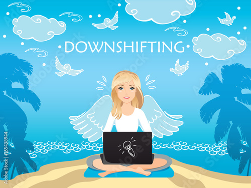 Downshifting concept. Flat design colorful illustration. Freelancer changes lifestyle to be happy. / Cute woman seating and working near the sea. Downshifting cartoon character in vector