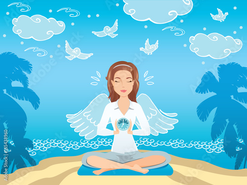 Downshifting concept. Flat design colorful illustration. Freelancer changes lifestyle to be happy. Cute woman seating and relaxing near the sea. Downshifting cartoon character in vector