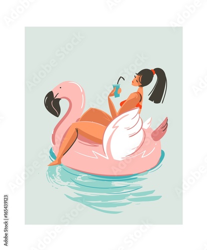 Hand drawn vector abstract cute summer time beach girl swimming on pink flamingo float circle in blue ocean water background.