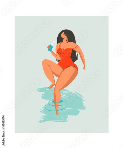 Hand drawn vector abstract cute summer time beach girl illustration with red swimwear isolated on blue background