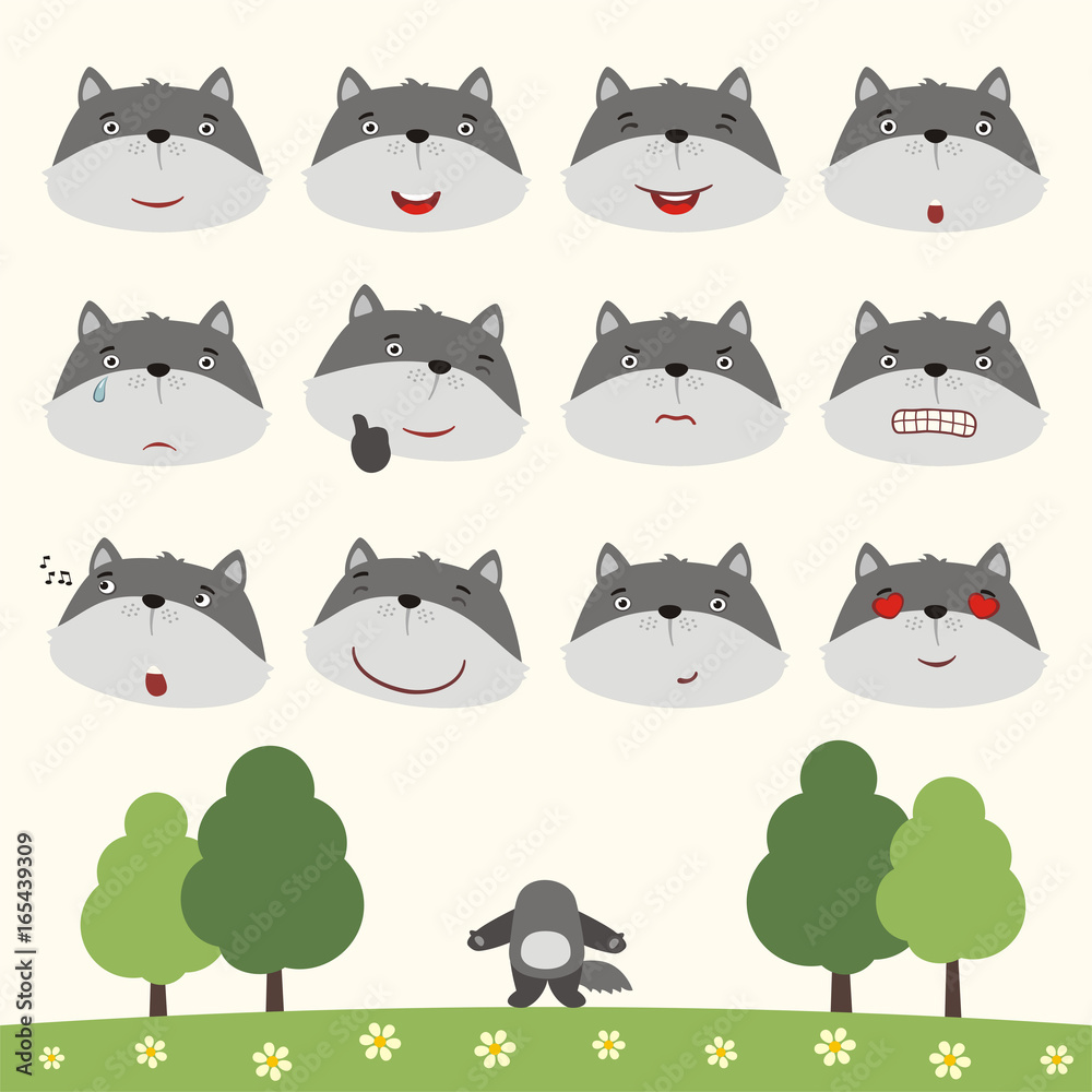 Emoticons set face of wolf in cartoon style. Collection isolated heads of  wolf in different emotion and body on meadow with trees. Stock Vector |  Adobe Stock