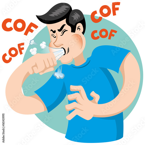 Illustration depicts a character Bob Caucasian man with cough symptoms. Ideal for health and institutional information