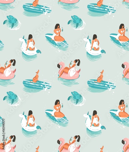 Hand drawn vector cartoon summer time seamless pattern with girls,pool floats,dog,dolphin an surfboard isolated on blue waves background