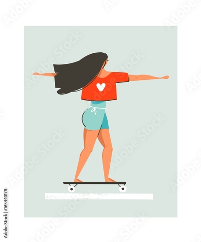 Hand drawn vector cartoon summer time fun illustration with young girl riding on longboard isolated on blue background
