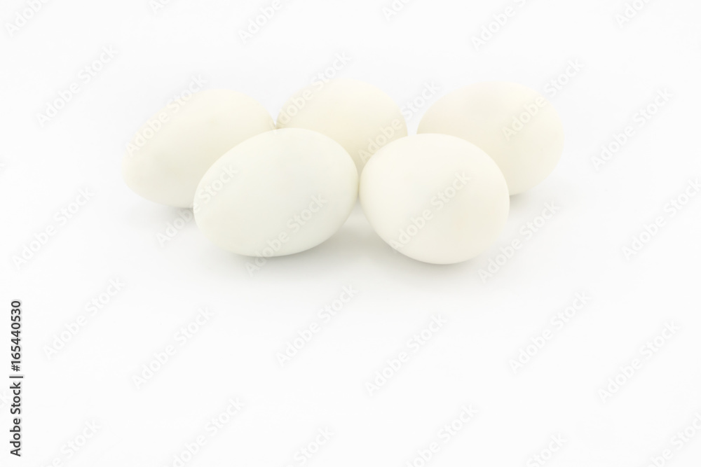 Five white eggs, isolated on white background Five white eggs, isolated on white background