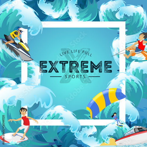 Set of water extreme sports backgrounds, isolated design elements for summer vacation activity fun concept, cartoon wave surfing, sea beach vector illustration, active lifestyle adventure