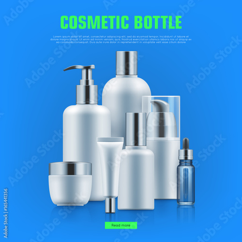 Cosmetic bottle realistic. Packaging with silver caps mockup for personal care best brands. Medical beauty concept. Realistic vector illustration on blue background