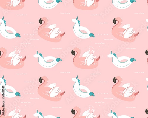 Hand drawn vector abstract summer time fun seamless pattern with pink flamingo float and unicorn swimming pool buoy circle isolated on pastel background.