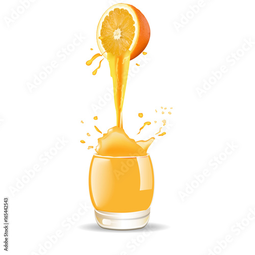 Orange juice splash in glass on white background. Vector. 3D